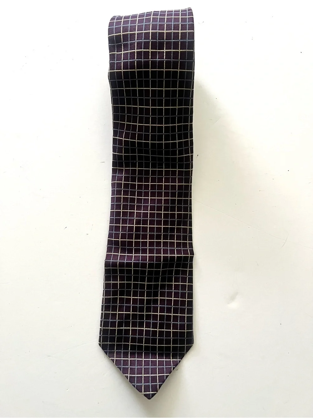 Silk Men's Tie - Deep purple with Gold and Light Blue Windowpane